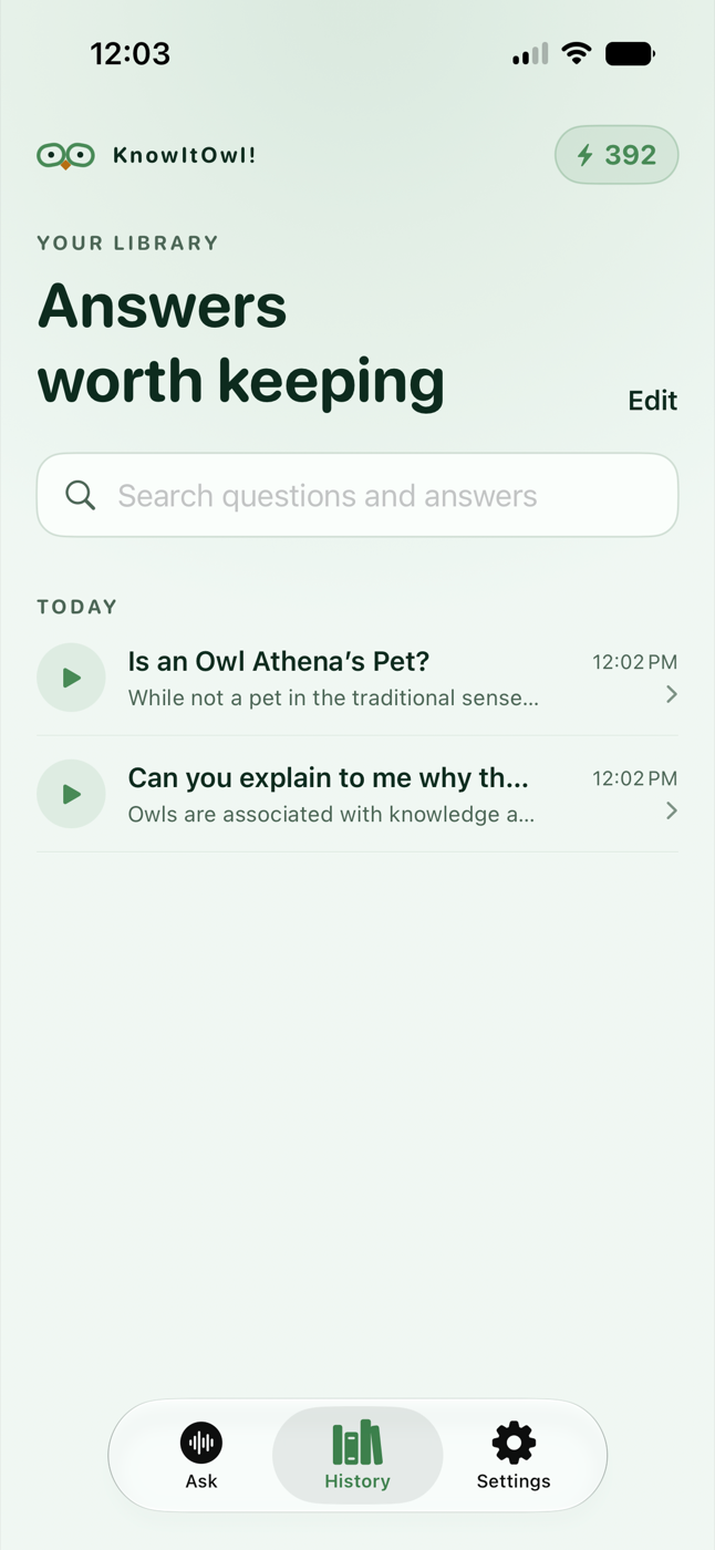 KnowItOwl conversation history on iPhone