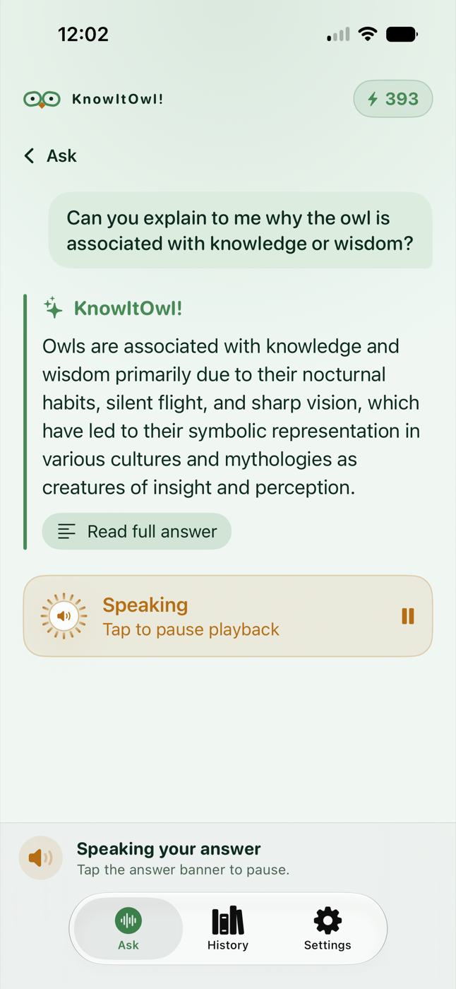 KnowItOwl spoken answer screen on iPhone